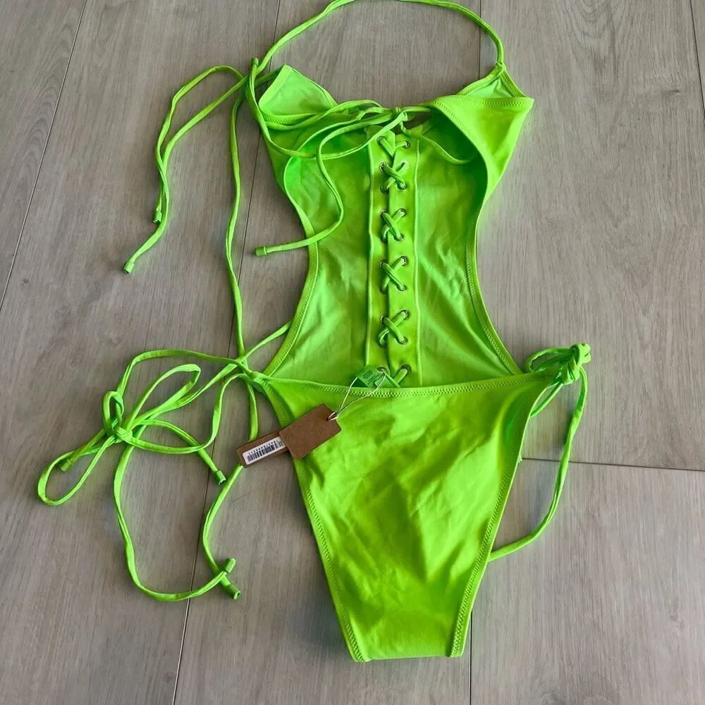 SKIMS Swim Lace Up Monokini Neon Green Sz L